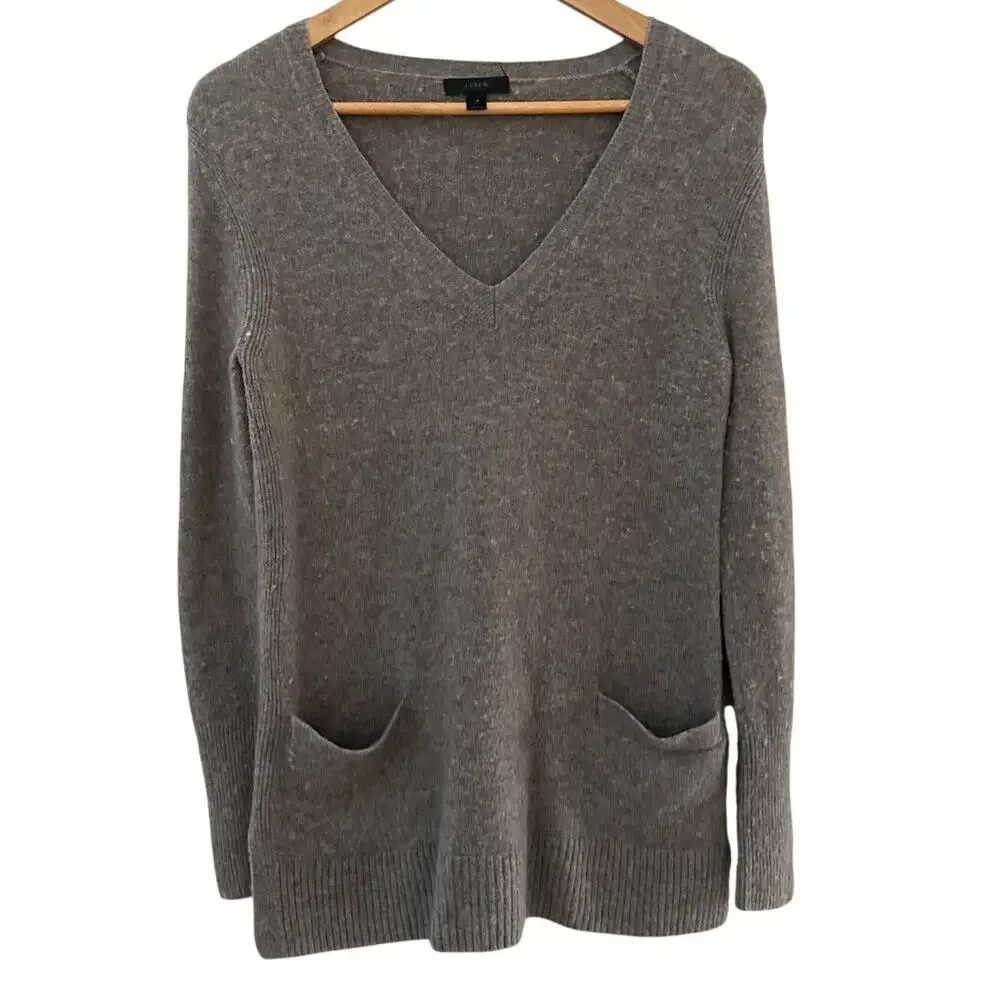 J. Crew Supersoft Yarn V Neck Front Pocket‎ Tunic Sweater Gray Size XS